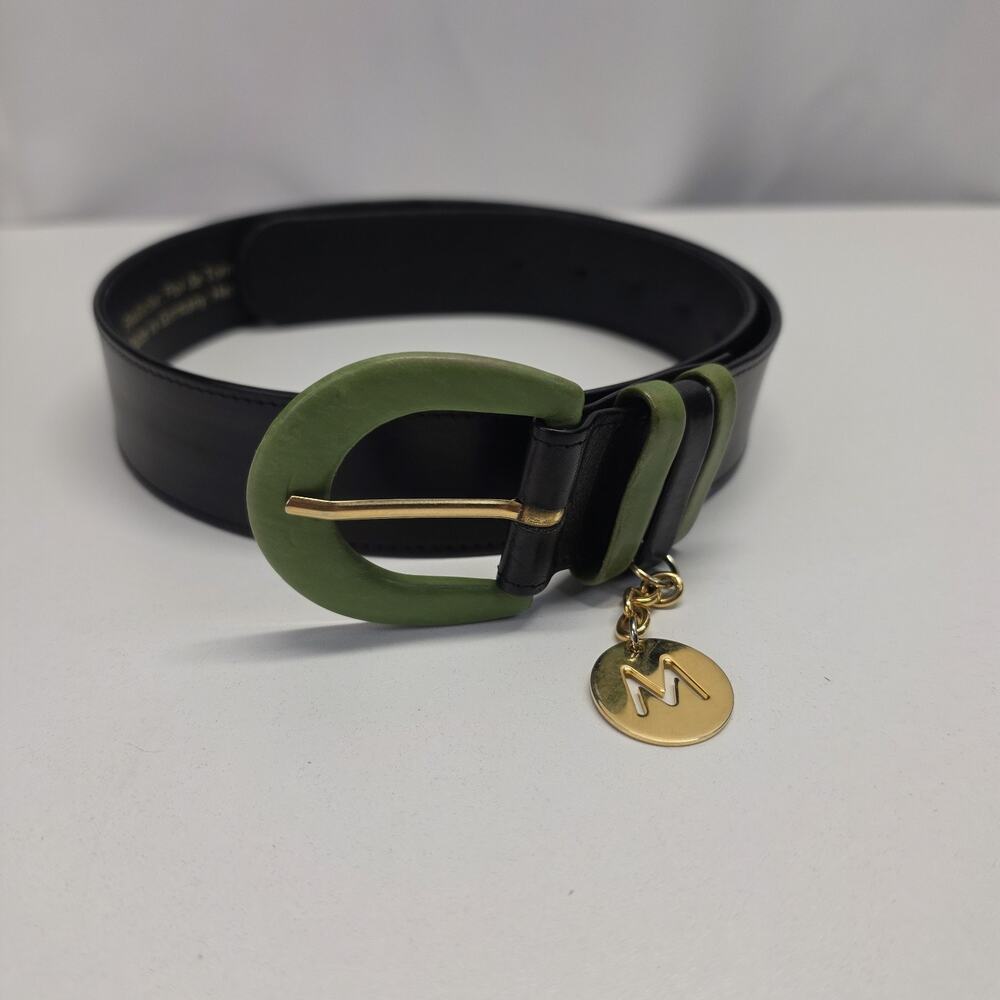 VTG Mondi Astor Rindleder Black Leather Belt Green Buckle Gold Charm Sz 38 Mod